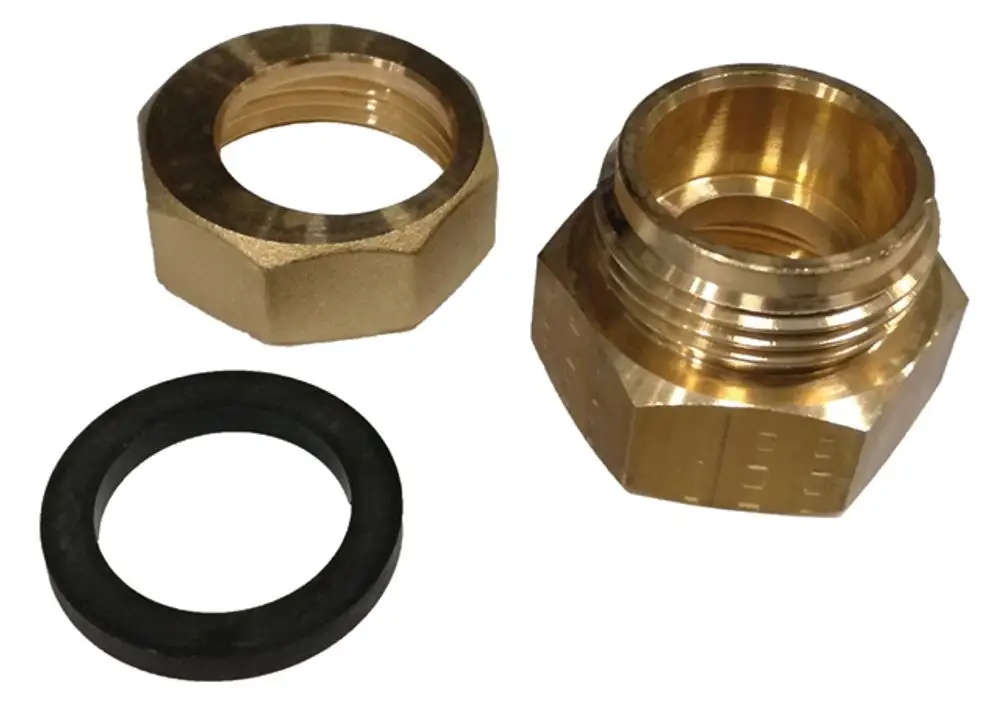 Goldfarbener Adapter mit Gewinde undgummi­ring. Teile von Syr für Installationen, die eine feste Verbindung benötigen.